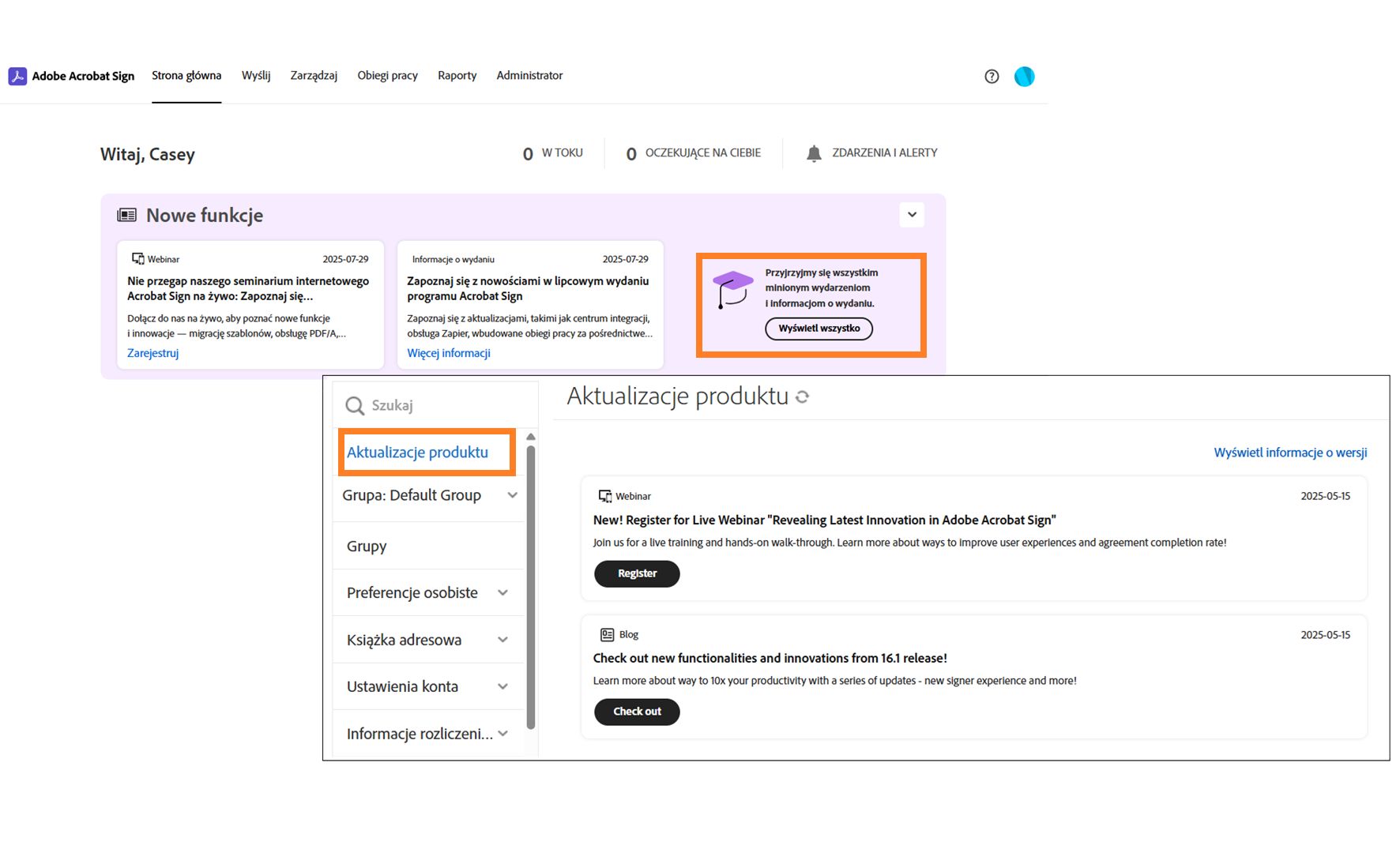 &quot;Strona główna z wstawką strony Aktualizacje produktu.