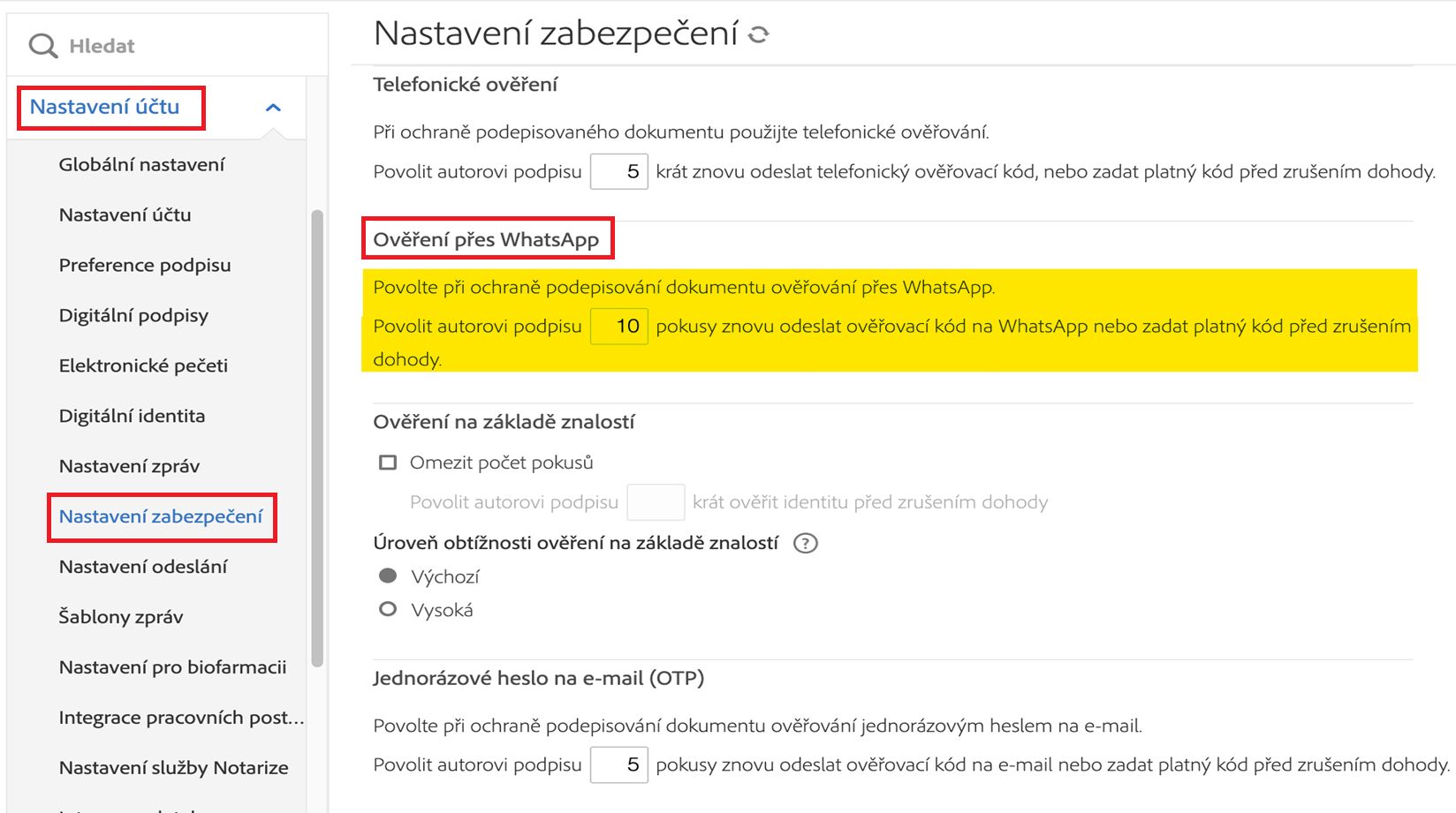 Ovládací prvky zabezpečení aplikace WhatsApp