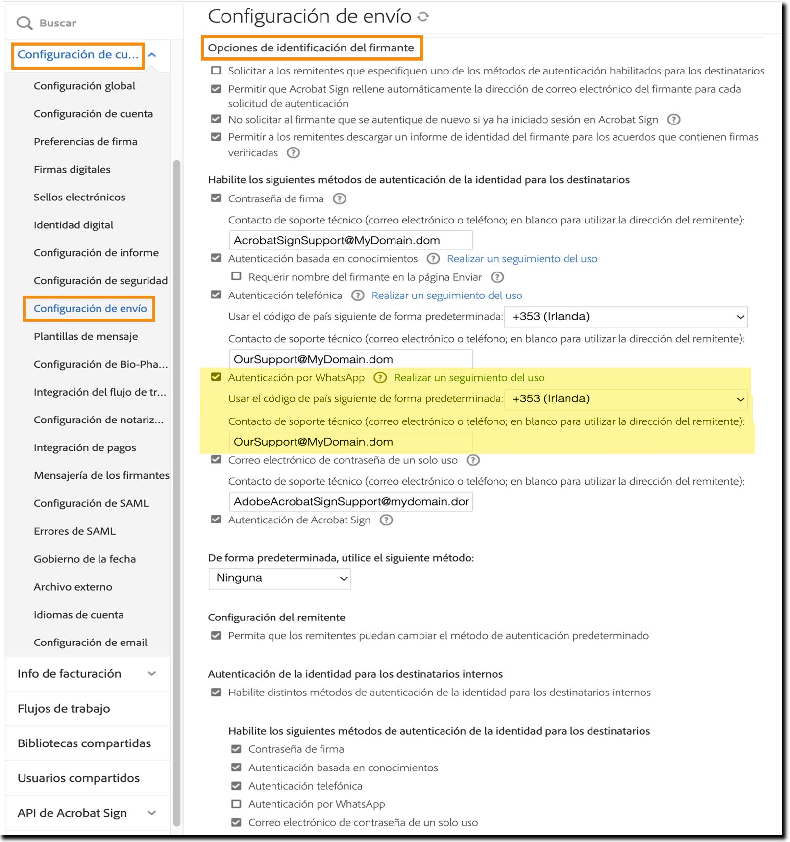 Página Configuración de envío con los controles de Autenticación por WhatsApp resaltados.