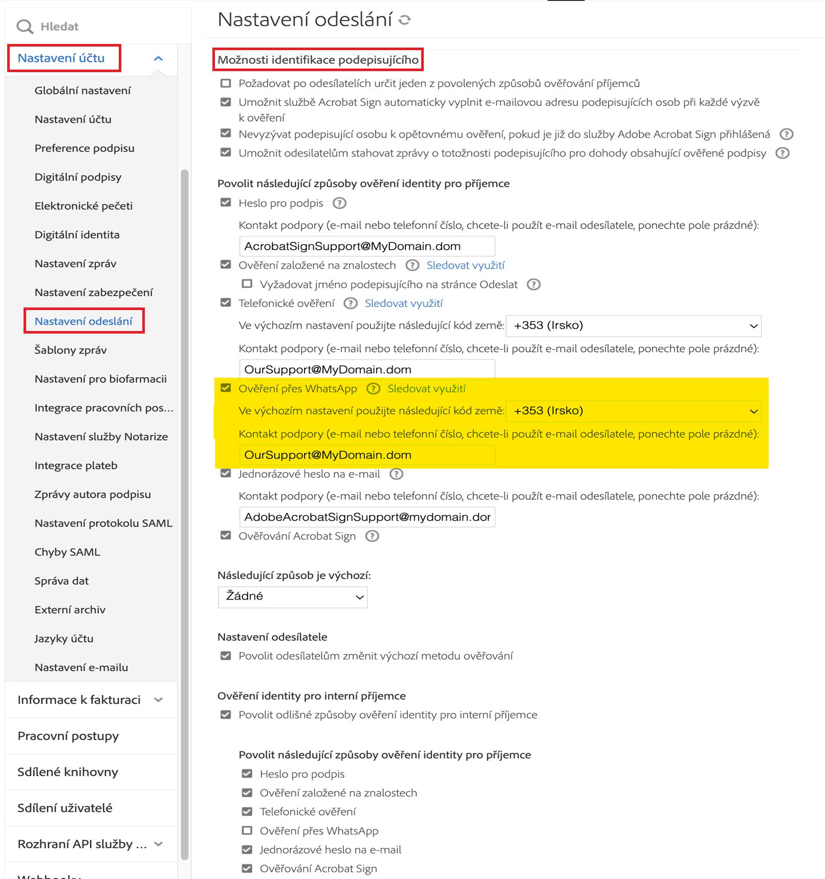 Nabídka správce Nastavení odesílání se zvýrazněnými ovládacími prvky pro příjemce kopie.