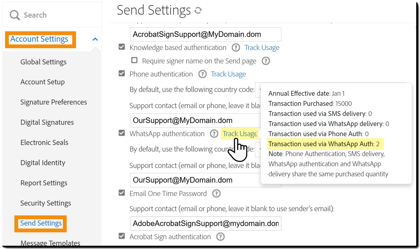 A página Configurações de envio destacando o link Rastrear o uso com o pop-out de informações exposto