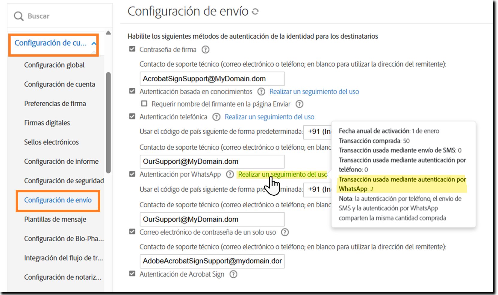 Página Configuración de envío resaltando el vínculo Seguimiento del uso y mostrando la ventana emergente de información