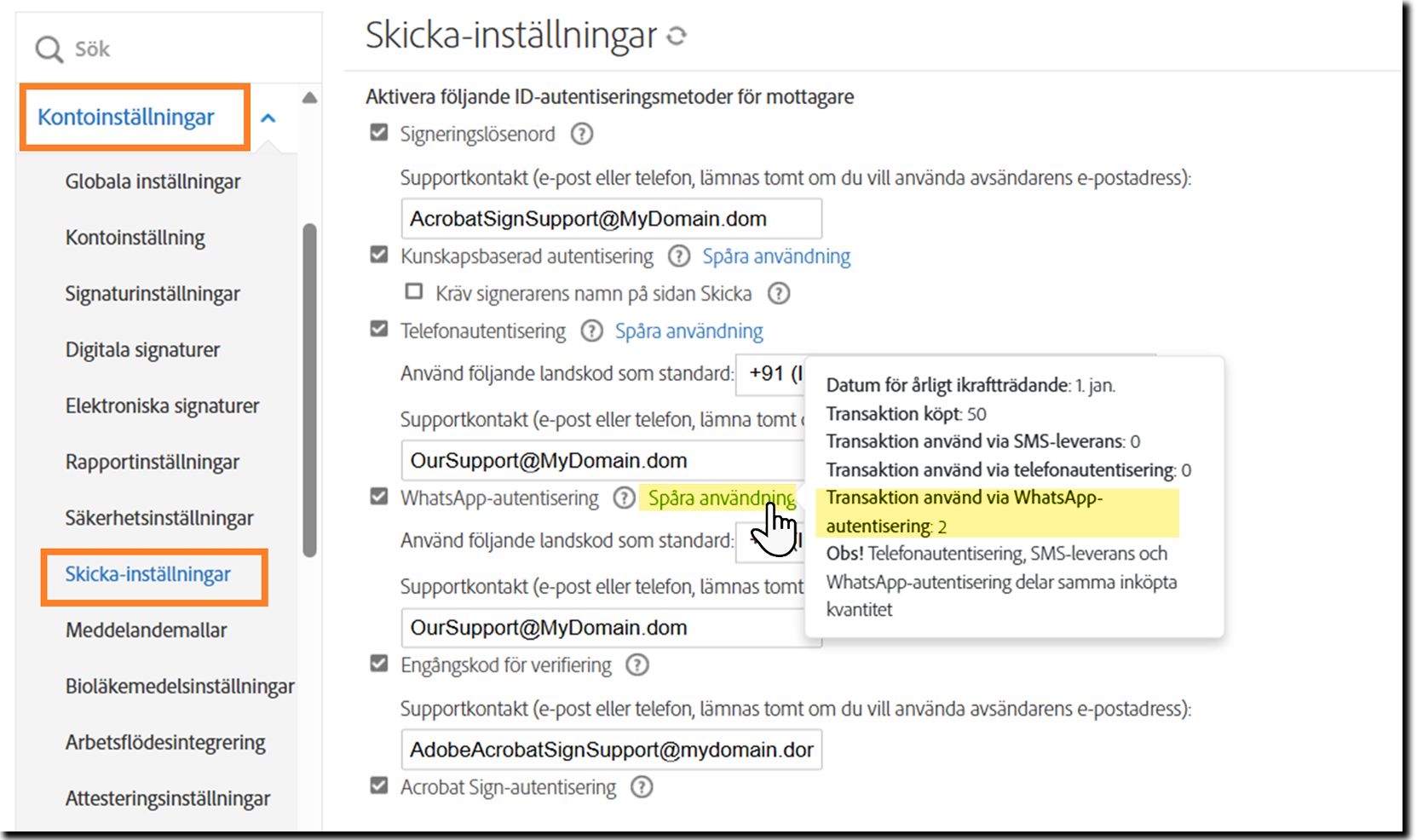 På sidan Sändningsinställningar markeras länken Spåra förbrukning med popup-meddelandet med information som visas