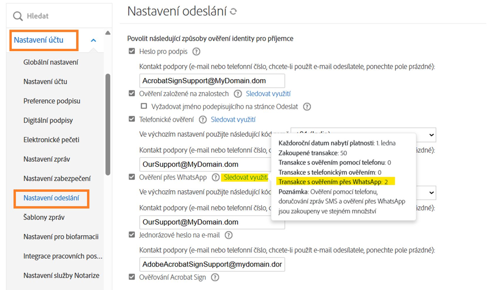 Stránka Nastavení odesílání se zvýrazněním odkazu Sledování využití s odkrytým vyskakovacím oknem s informacemi.