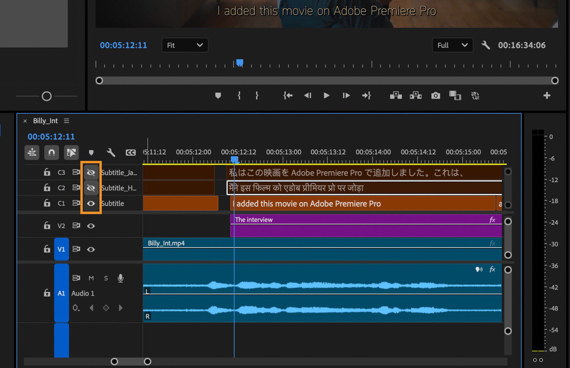 Il pannello Timeline è evidenziato e sono presenti più tracce audio.Ogni traccia audio indica che si tratta di didascalie tradotte.