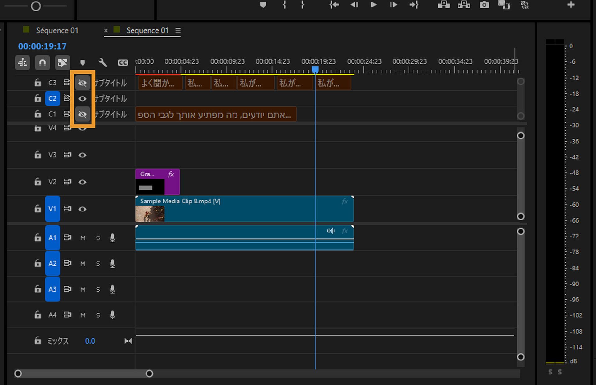 タイムラインパネルが強調表示され、複数のオーディオトラックが存在します。各オーディオトラックは、翻訳されたキャプションであることを示しています。