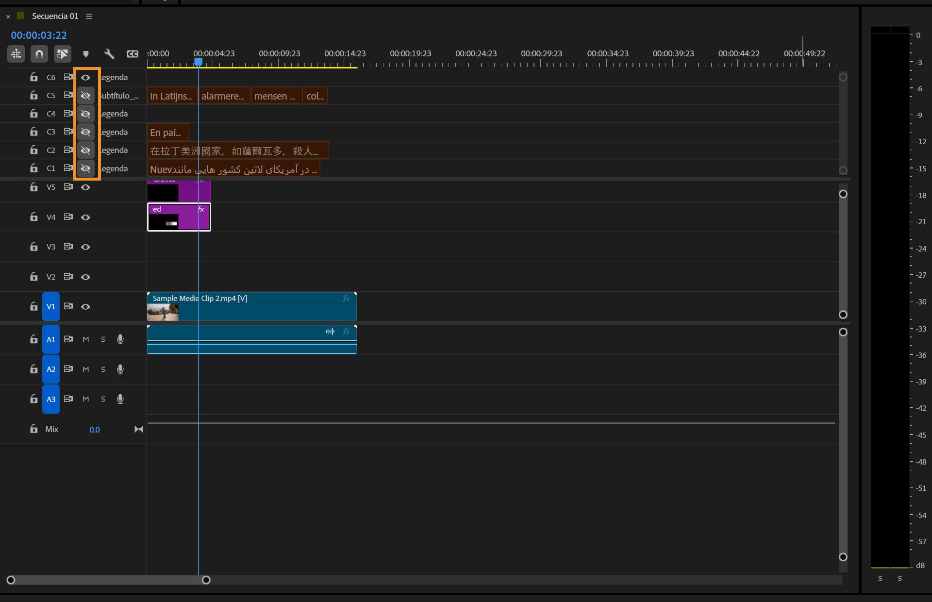 O painel “Linha do tempo” está realçado, com várias faixas de áudio presentes. Cada faixa de áudio indica que são legendas traduzidas.