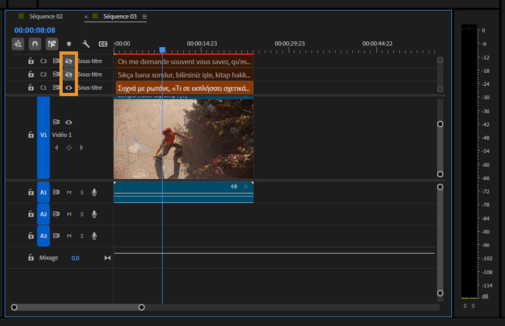 Le panneau Montage est mis en surbrillance et plusieurs pistes audio sont présentes.Chaque piste audio indique qu’il s’agit de sous-titres traduits.