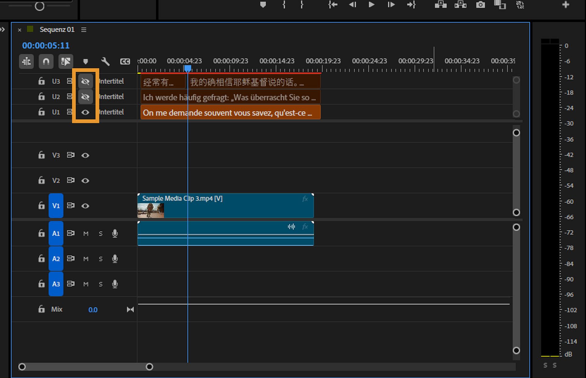 Das Bedienfeld „Schnittfenster“ ist hervorgehoben und mehrere Audiospuren sind vorhanden.Jede Audiospur zeigt an, dass es sich um übersetzte Untertitel handelt.