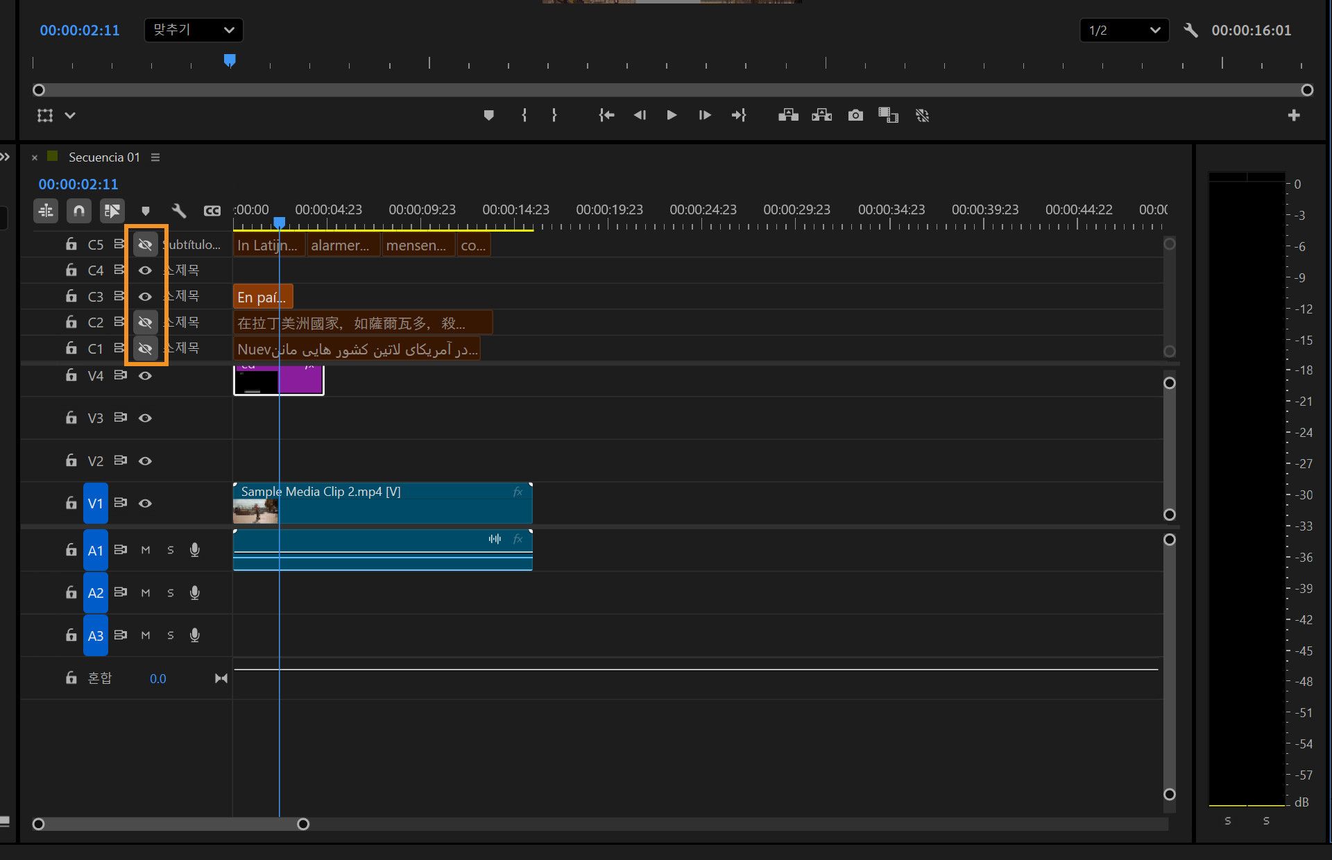 타임라인 패널이 강조 표시되어 있고 여러 오디오 트랙이 있습니다.각 오디오 트랙은 번역된 자막임을 나타냅니다.