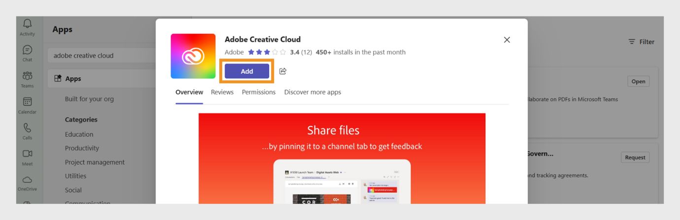 Selecteer in het dialoogvenster de knop Toevoegen in donkerblauw om de add-on voor de Creative Cloud-app te installeren in Microsoft Teams. 