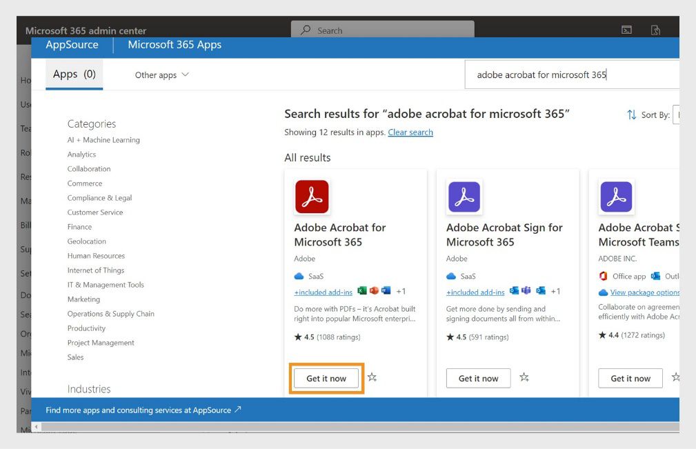 Ipinakikita ng Microsoft AppSource ang mga resulta ng paghahanap para sa Adobe Acrobat. Na-highlight ang 'Get it now' button para sa Adobe Acrobat for Microsoft 365.