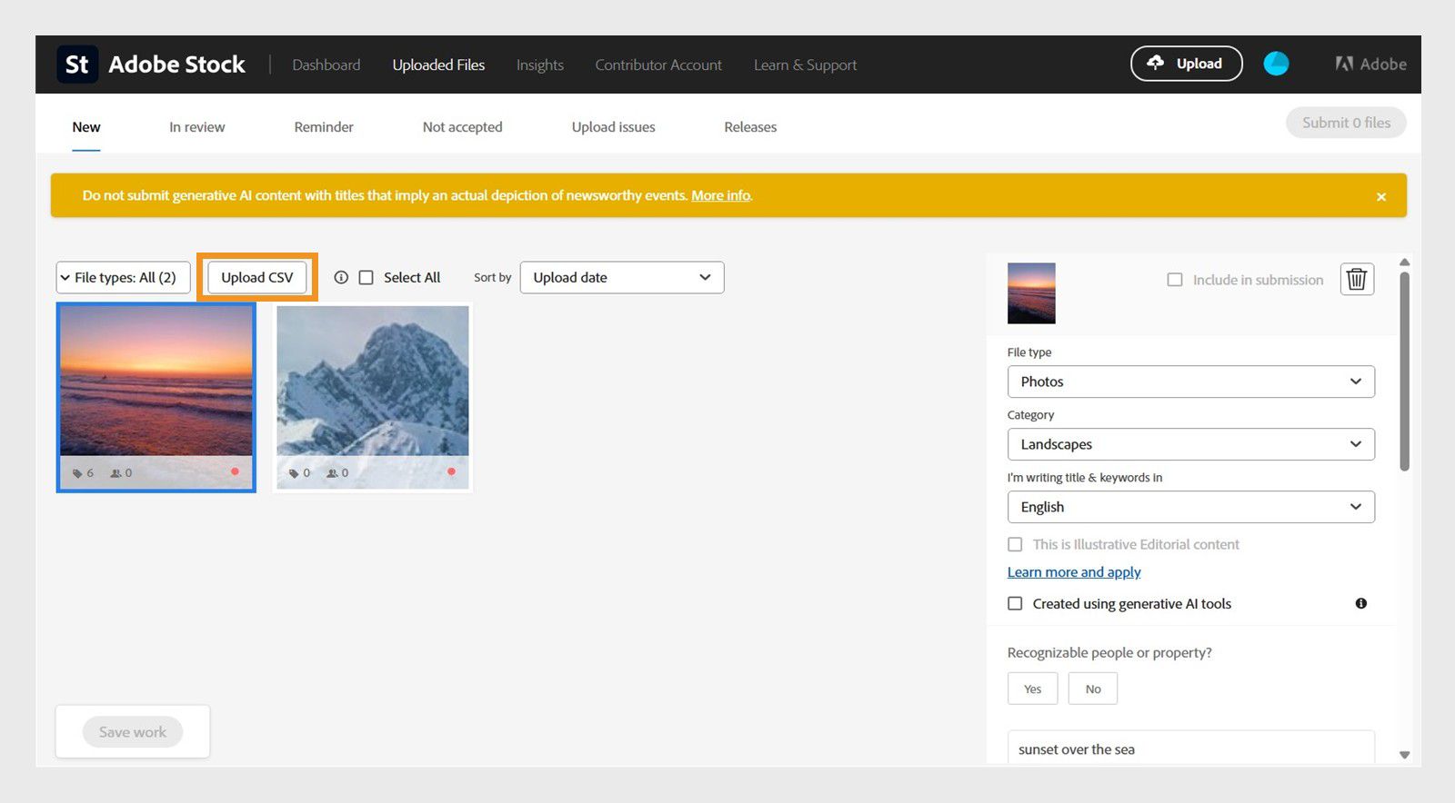 Cuando quieras cargar un archivo CSV, selecciona el botón Cargar CSV.