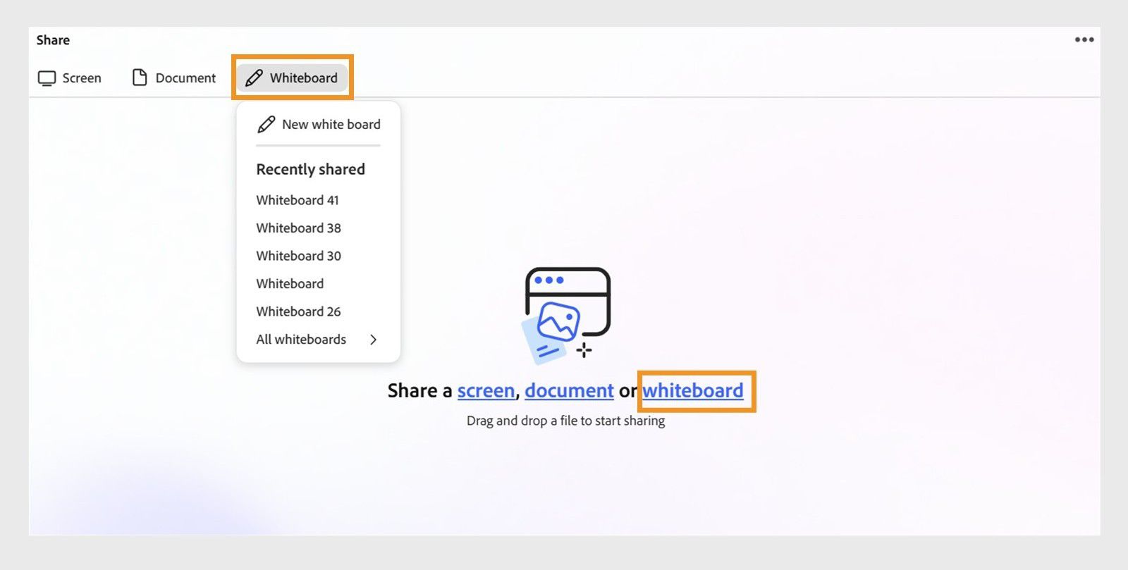 Share pod showing the link to launch the Whiteboard