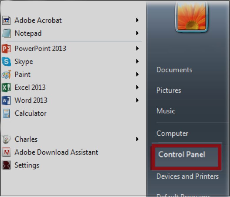 Painel de controle no menu Iniciar