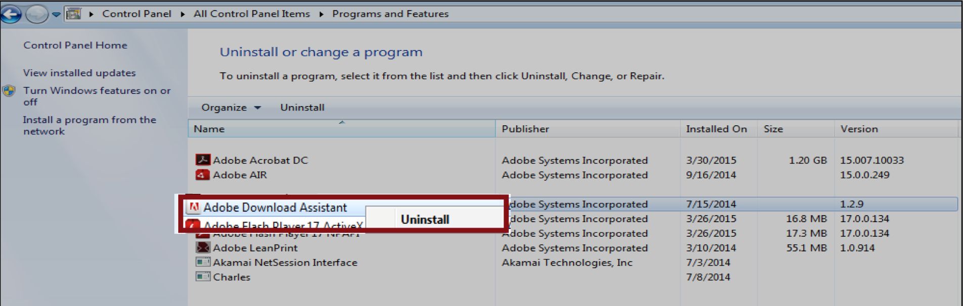 Programas y características: desinstalación con el menú contextual