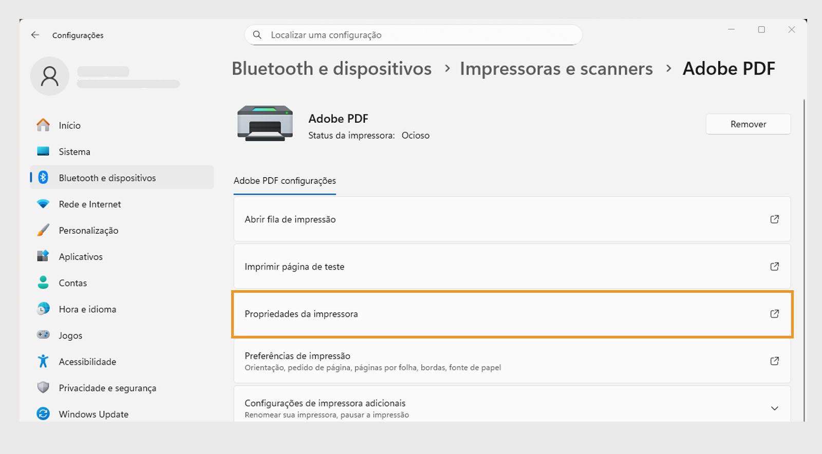 A janela Configurações do Windows 11 mostra as Configurações da impressora Adobe PDF, como Abrir fila de impressão, Propriedades da impressora, Preferências de impressão e muito mais. 