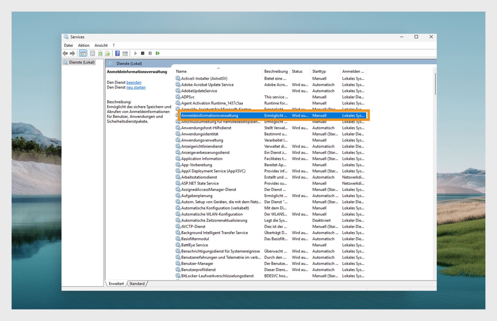 Windows-Dienste-Manager-Fenster mit einer Liste der Dienste.