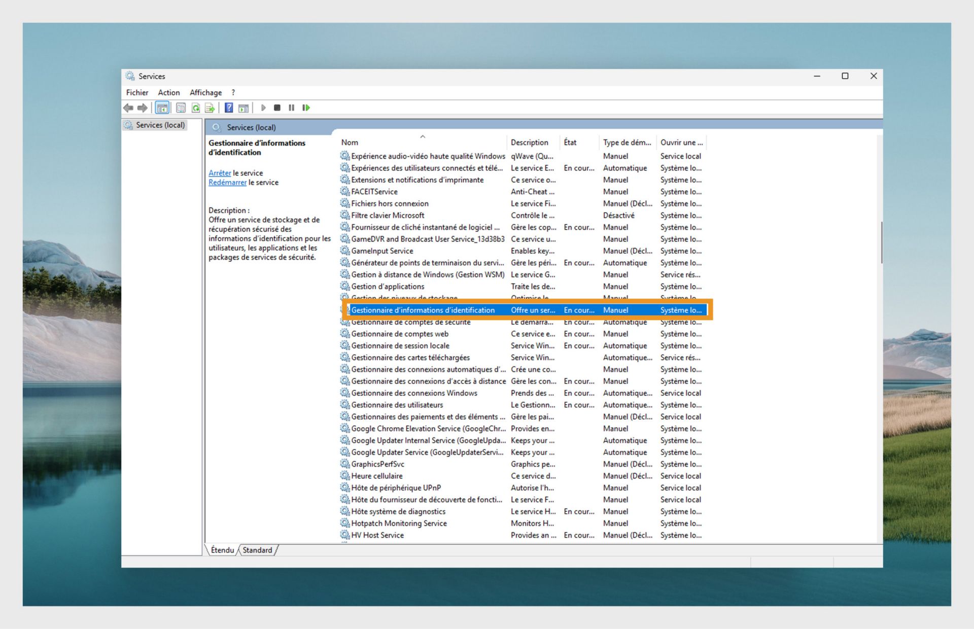 Fenêtre du gestionnaire des services Windows affichant une liste de services.