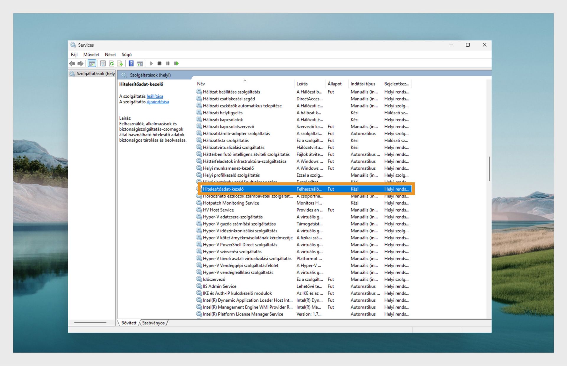 A Windows Szolgáltatáskezelő ablaka a szolgáltatások listájával.
