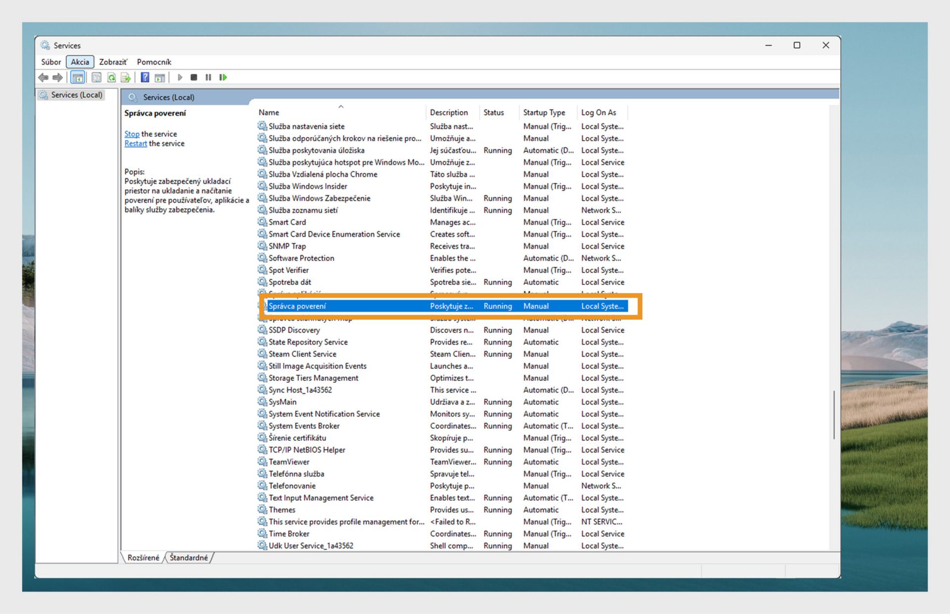 Okno Správca služieb systému Windows zobrazujúce zoznam služieb.