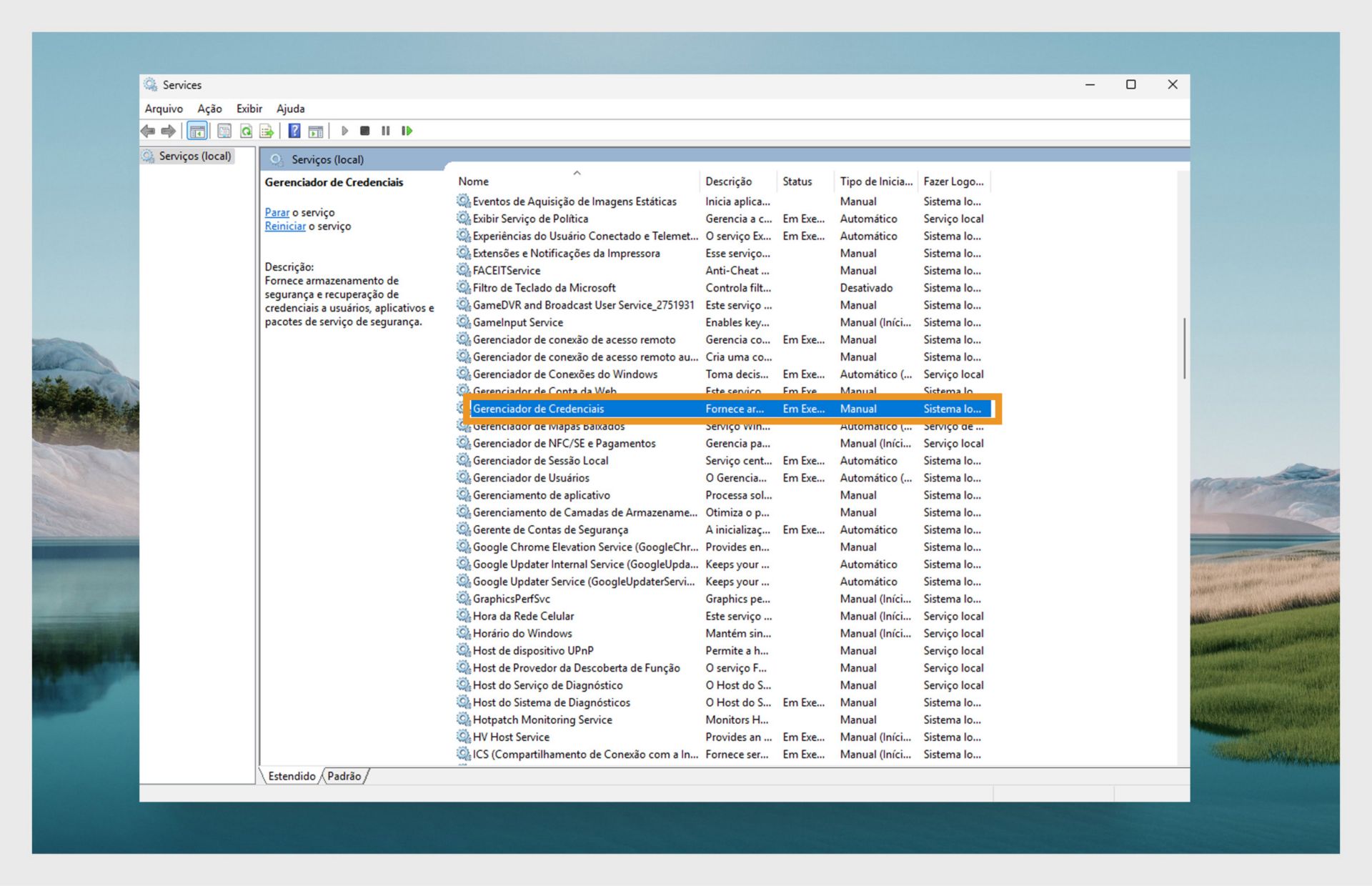 Janela do Gerenciador de Serviços do Windows exibindo uma lista de serviços.