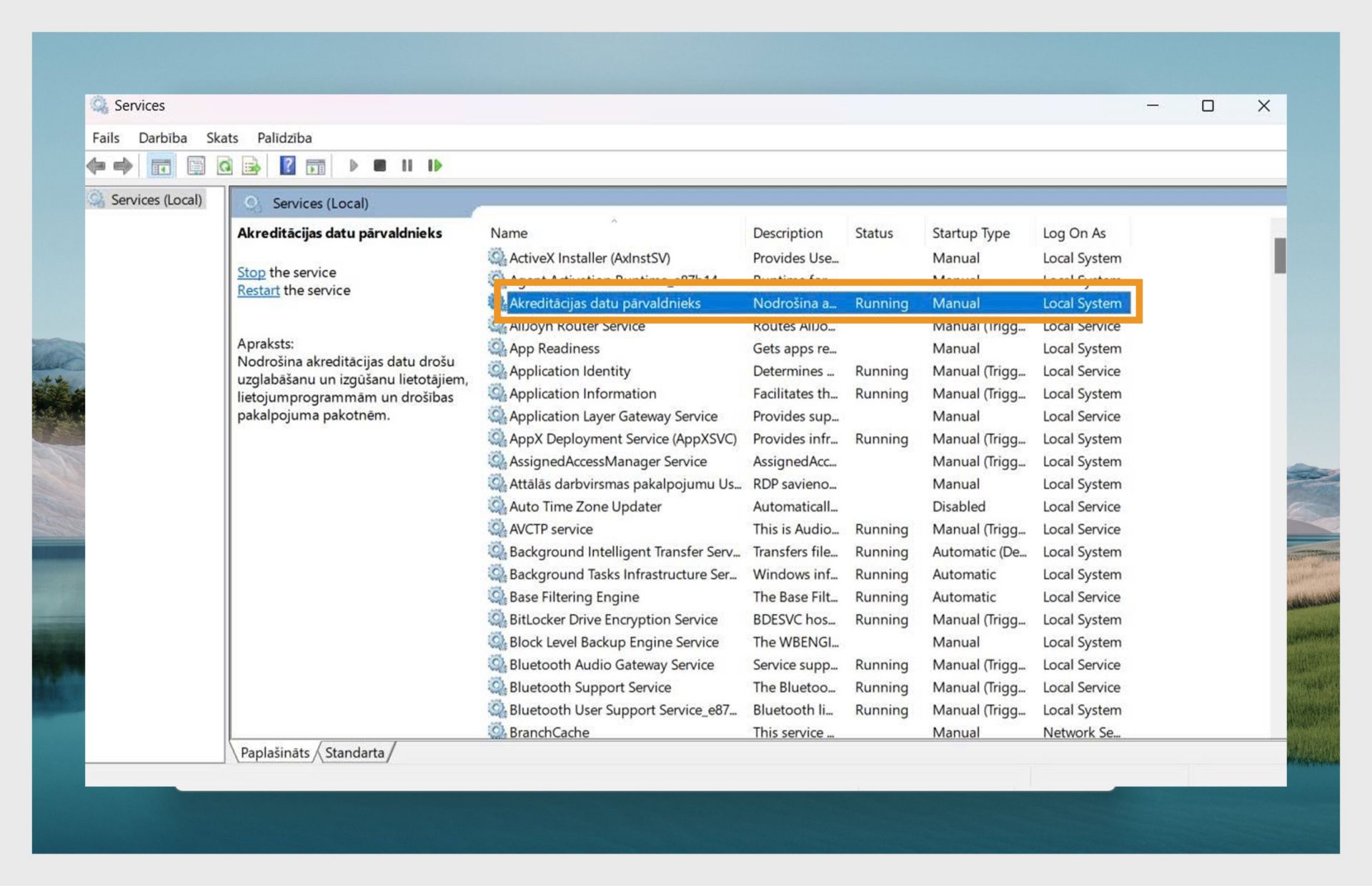 Windows Pakalpojumu pārvaldnieka logs, kurā redzams pakalpojumu saraksts. 