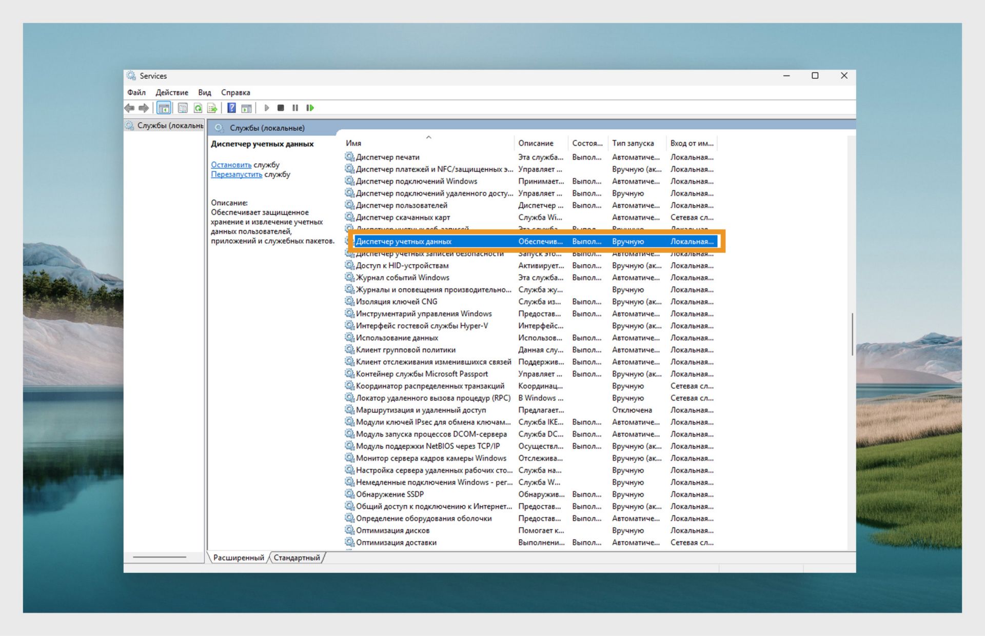 Окно Диспетчера служб Windows, отображающее список служб.