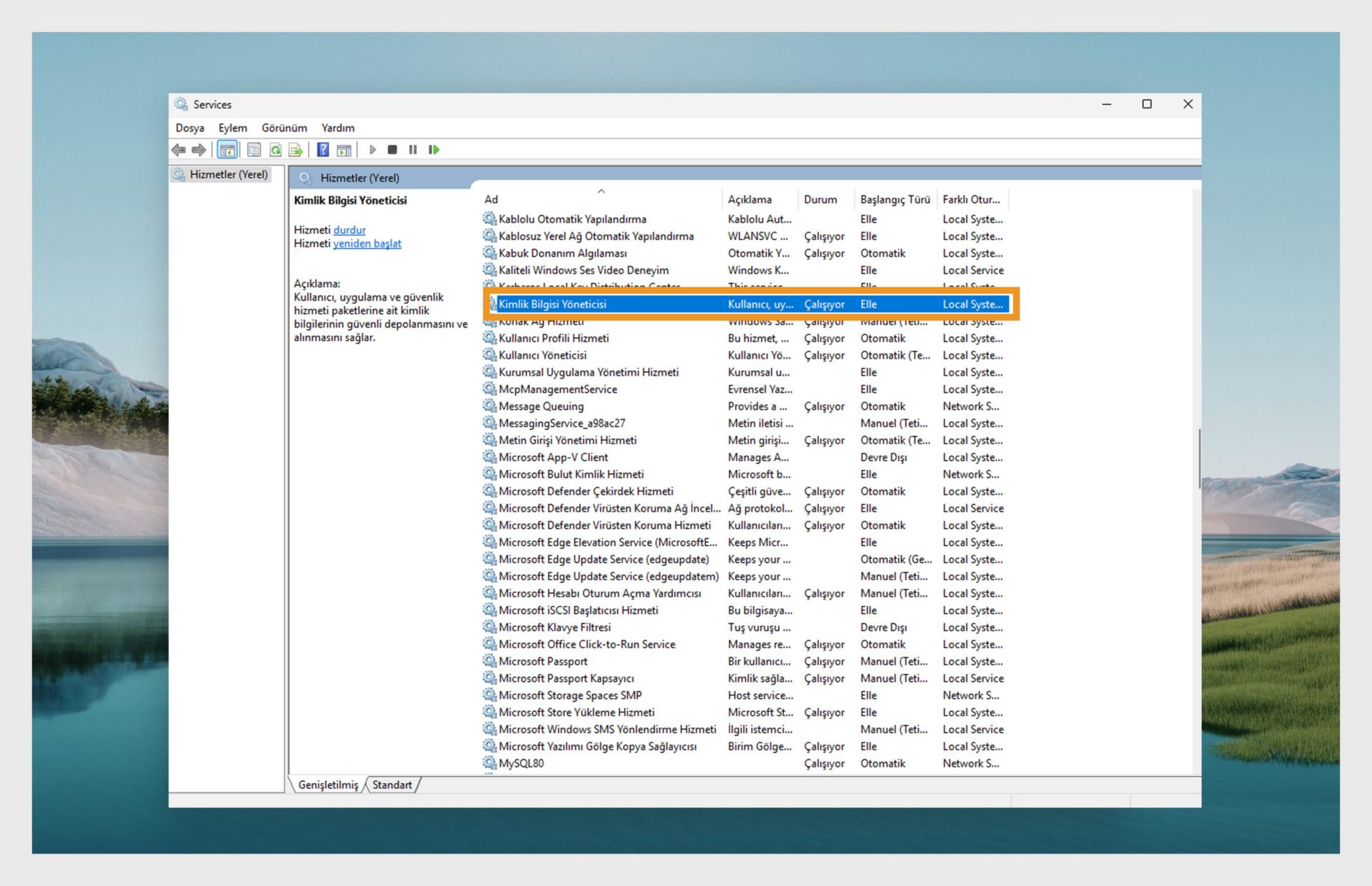 Windows Hizmetler Yöneticisi penceresi, hizmetlerin bir listesini gösteriyor.