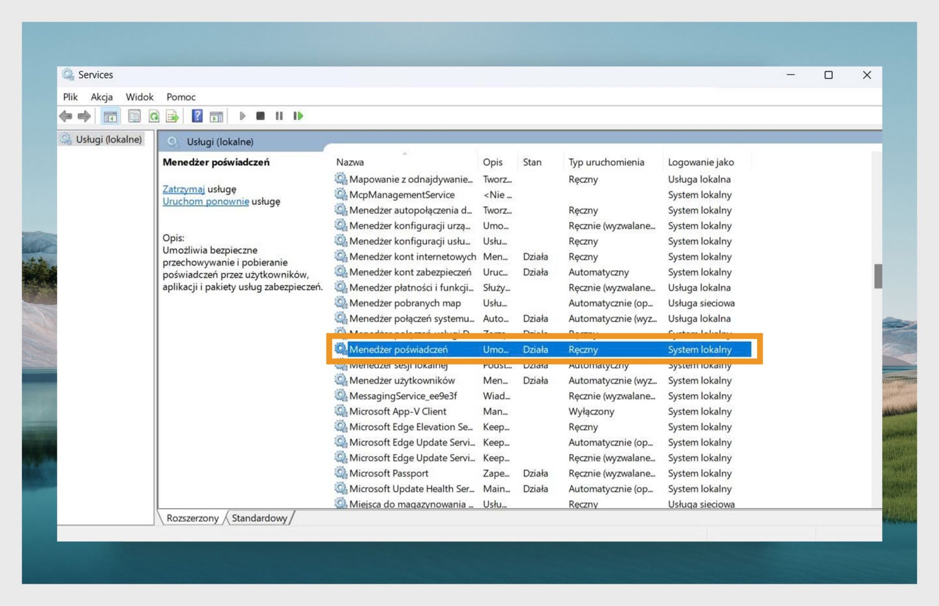 Okno Menedżera usług systemu Windows z listą usług.