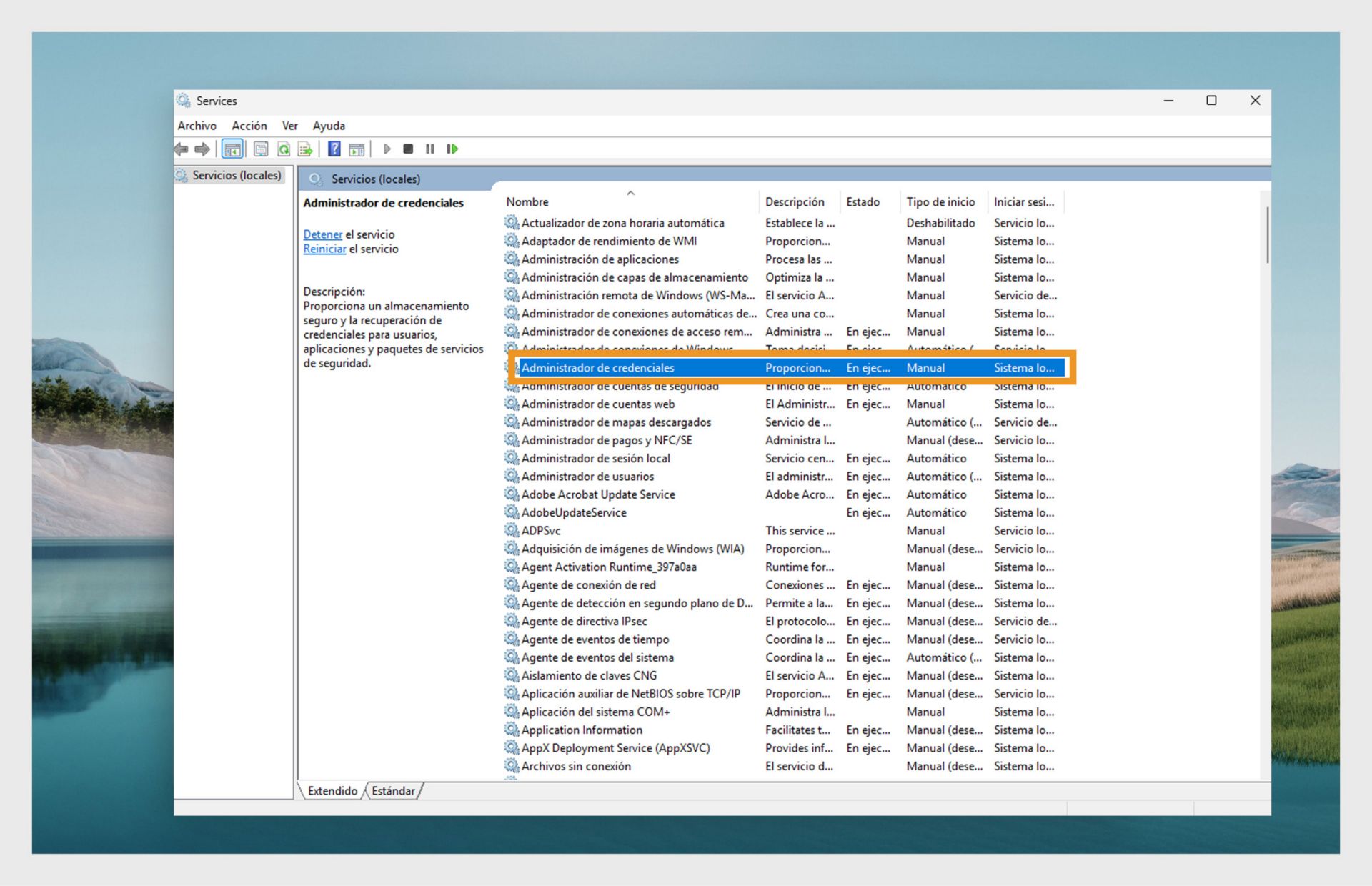 Ventana Administrador de servicios de Windows que muestra una lista de servicios.