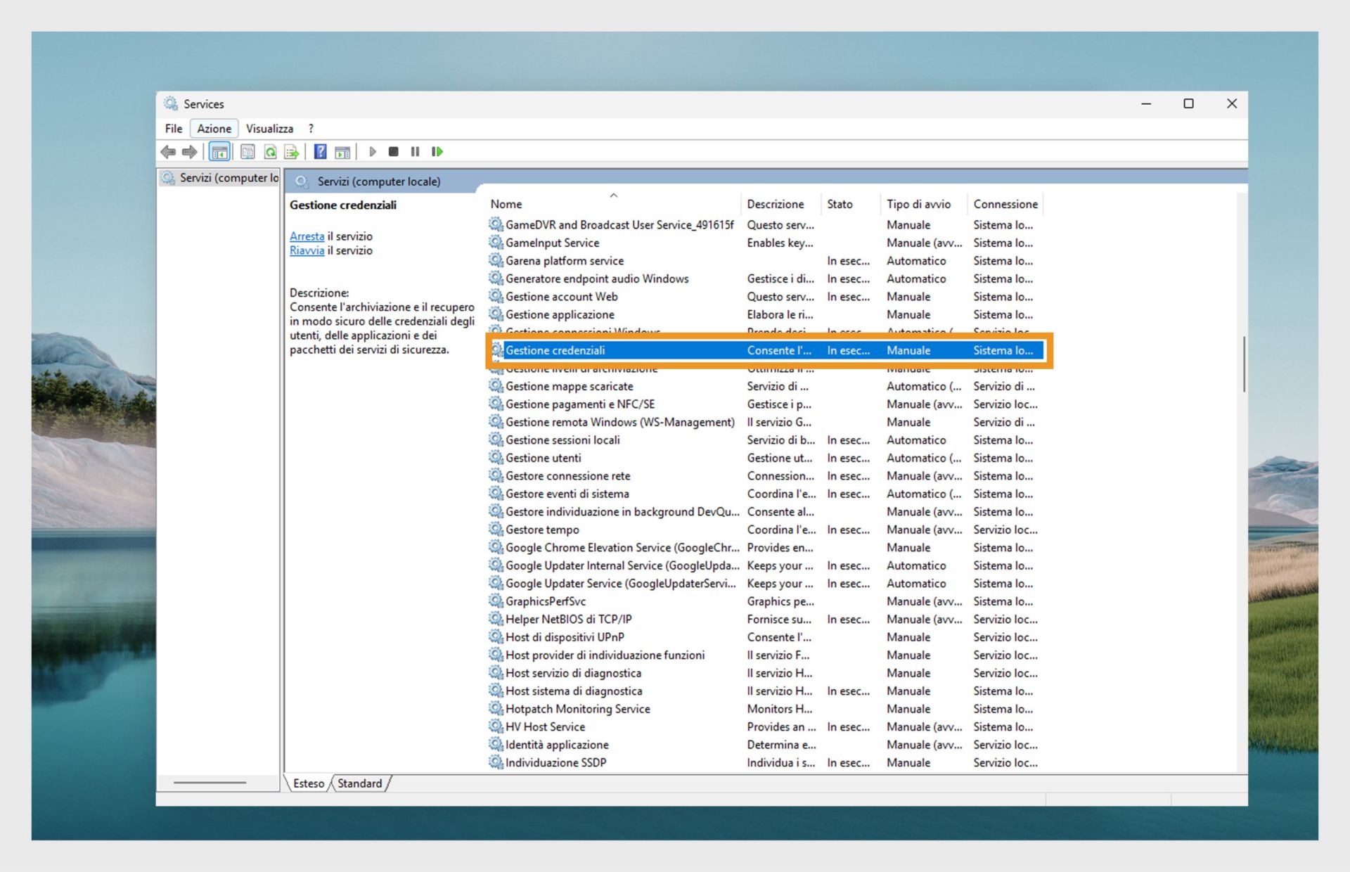 Finestra di Gestione servizi di Windows che mostra un elenco di servizi.