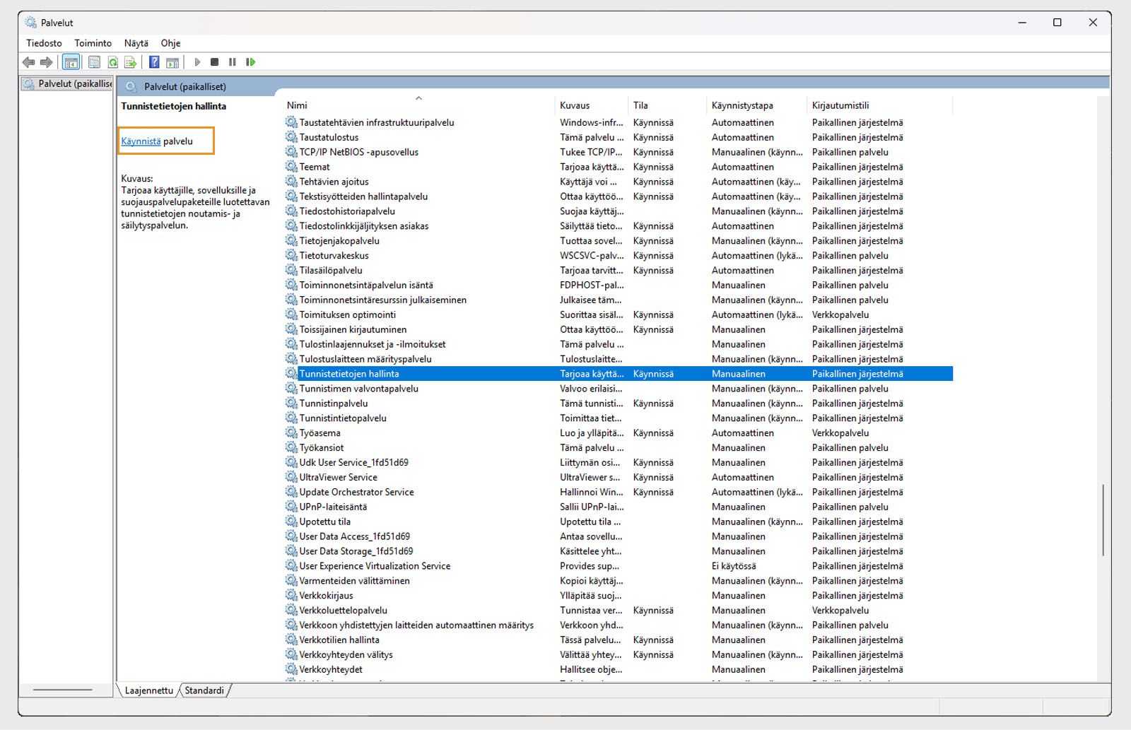 Windows Palvelut -ikkuna, jossa näkyy Credential Manager -palvelu ja Käynnistä-vaihtoehto.