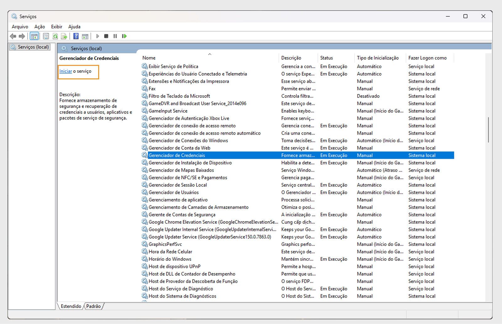 Janela Serviços do Windows mostrando o serviço Gerenciador de Credenciais e a opção Iniciar.