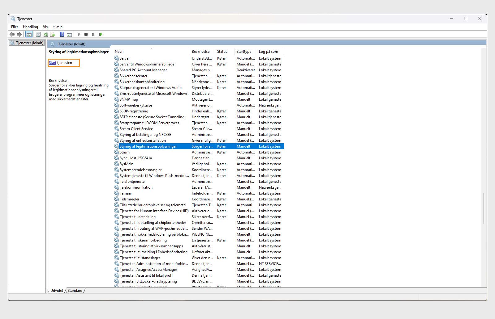 Vinduet Windows Tjenester, der viser Credential Manager-tjenesten og indstillingen Start.