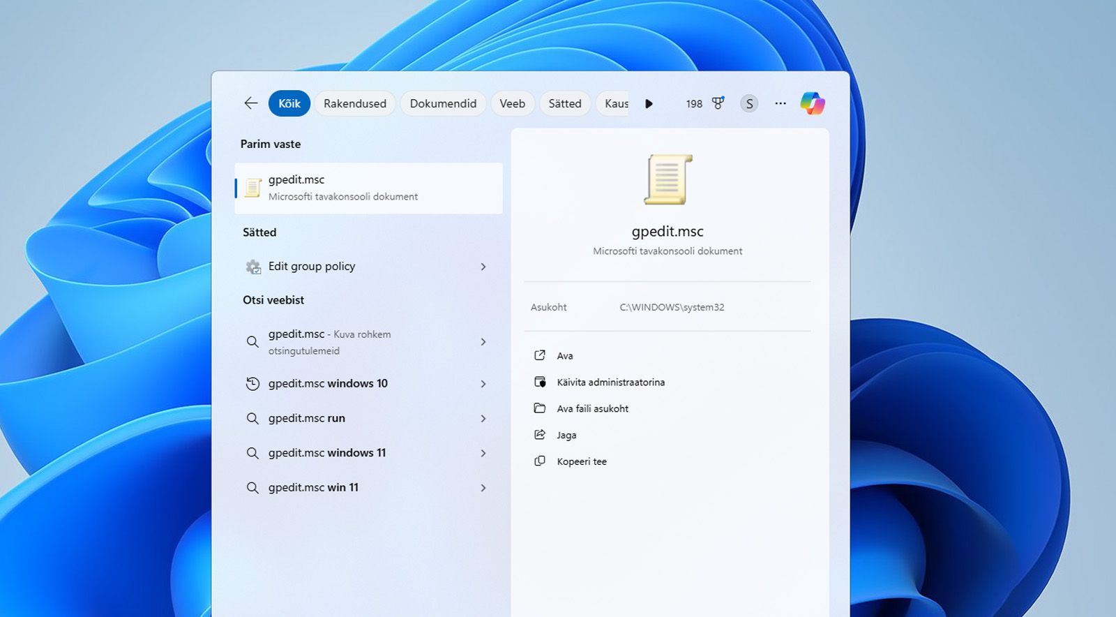 Windowsi otsinguriba kuvab rühmapoliitika redaktori või gpedit.msc faili.