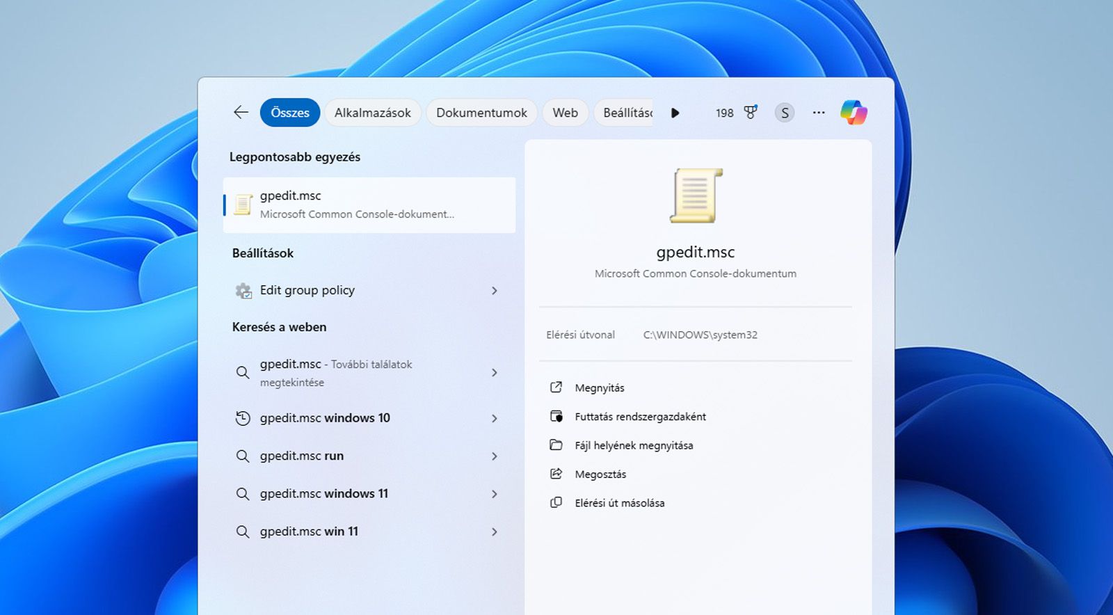 A Windows keresősávban megjelenik a Csoportházirend-szerkesztő vagy a gpedit.msc fájl.