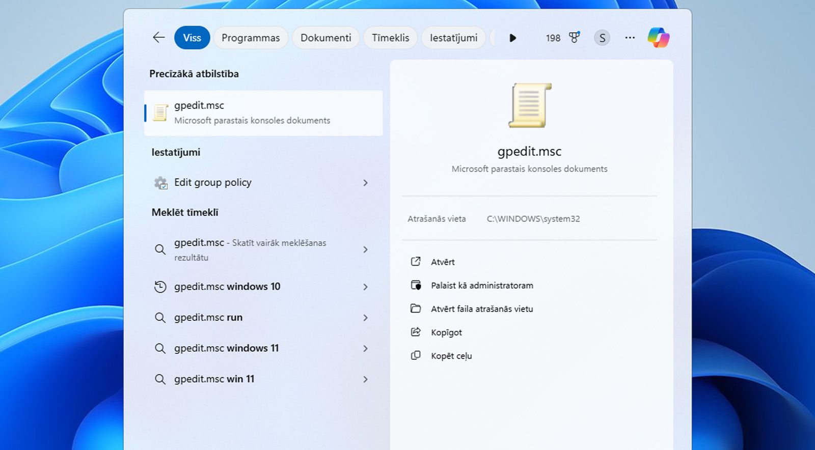 Windows meklēšanas joslā tiek parādīts Grupas politikas redaktors vai gpedit.msc fails.