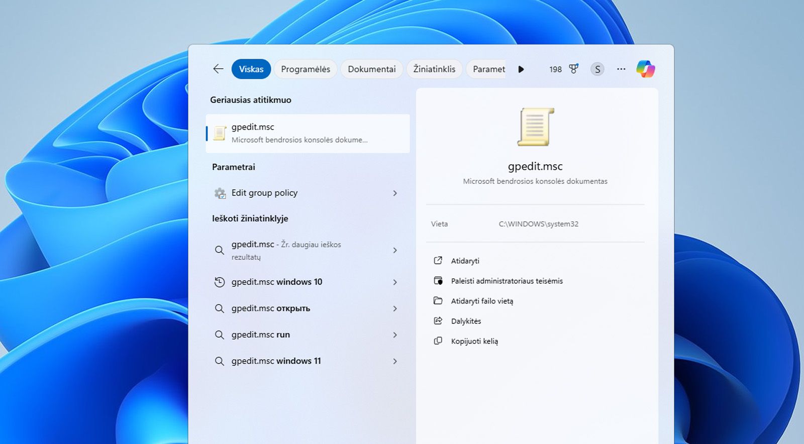 „Windows&quot; paieškos juostoje rodoma Grupės strategijos rengyklė arba failas gpedit.msc.