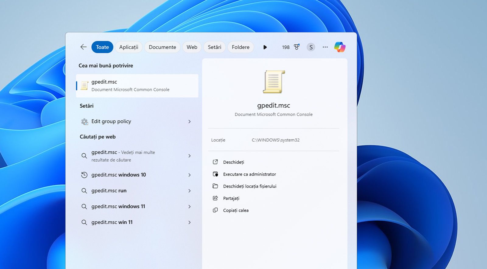 Bara de căutare Windows afișează Editorul de politici de grup sau fișierul gpedit.msc.