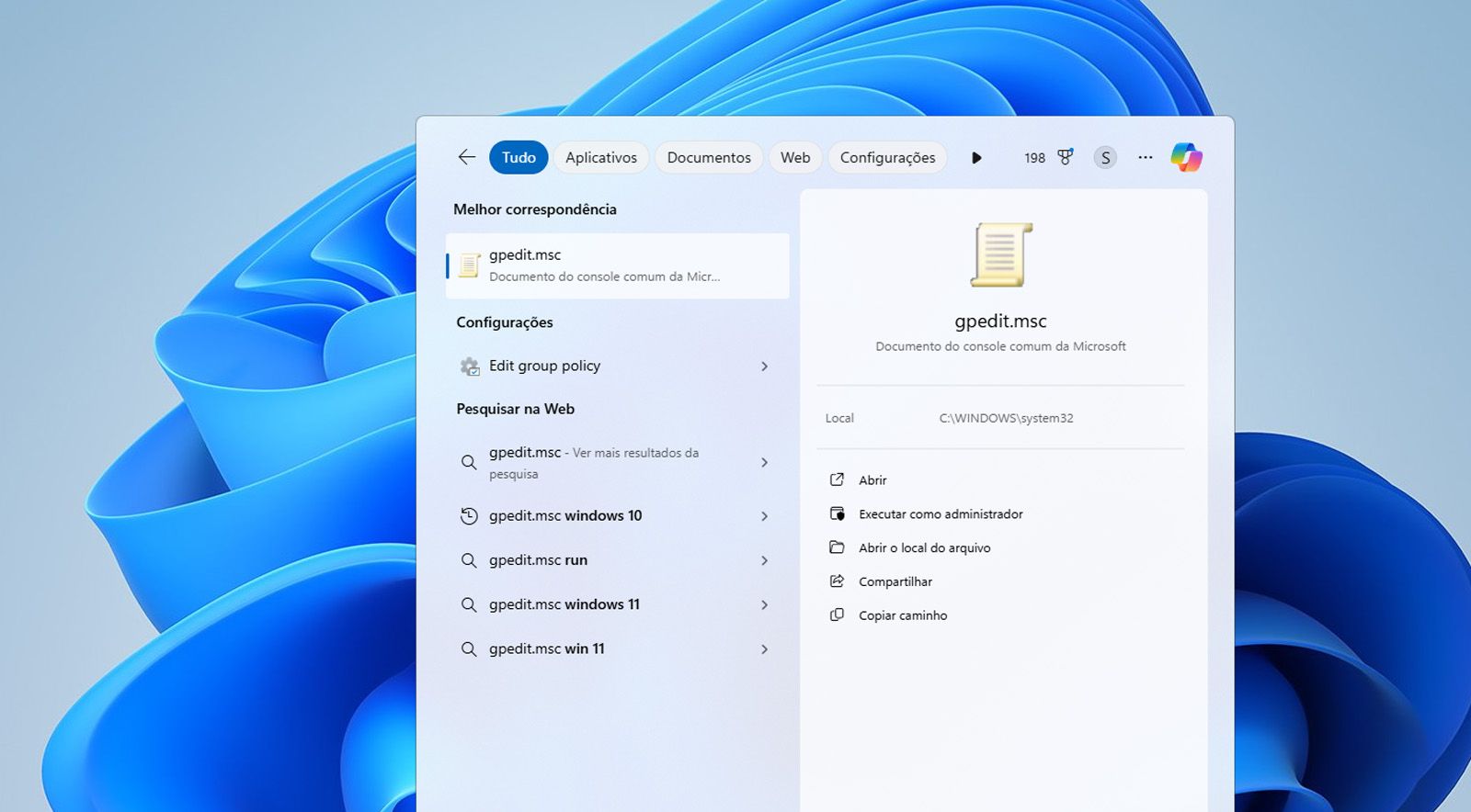 A barra de pesquisa do Windows exibe o Editor de Política de Grupo ou o arquivo gpedit.msc.