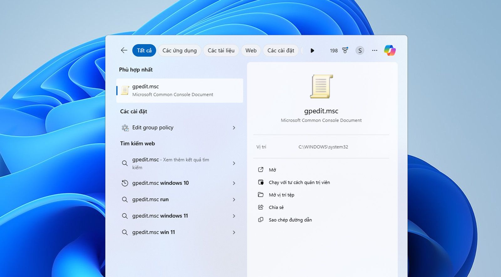 Thanh tìm kiếm của Windows hiển thị Trình chỉnh sửa chính sách nhóm hoặc tệp gpedit.msc.