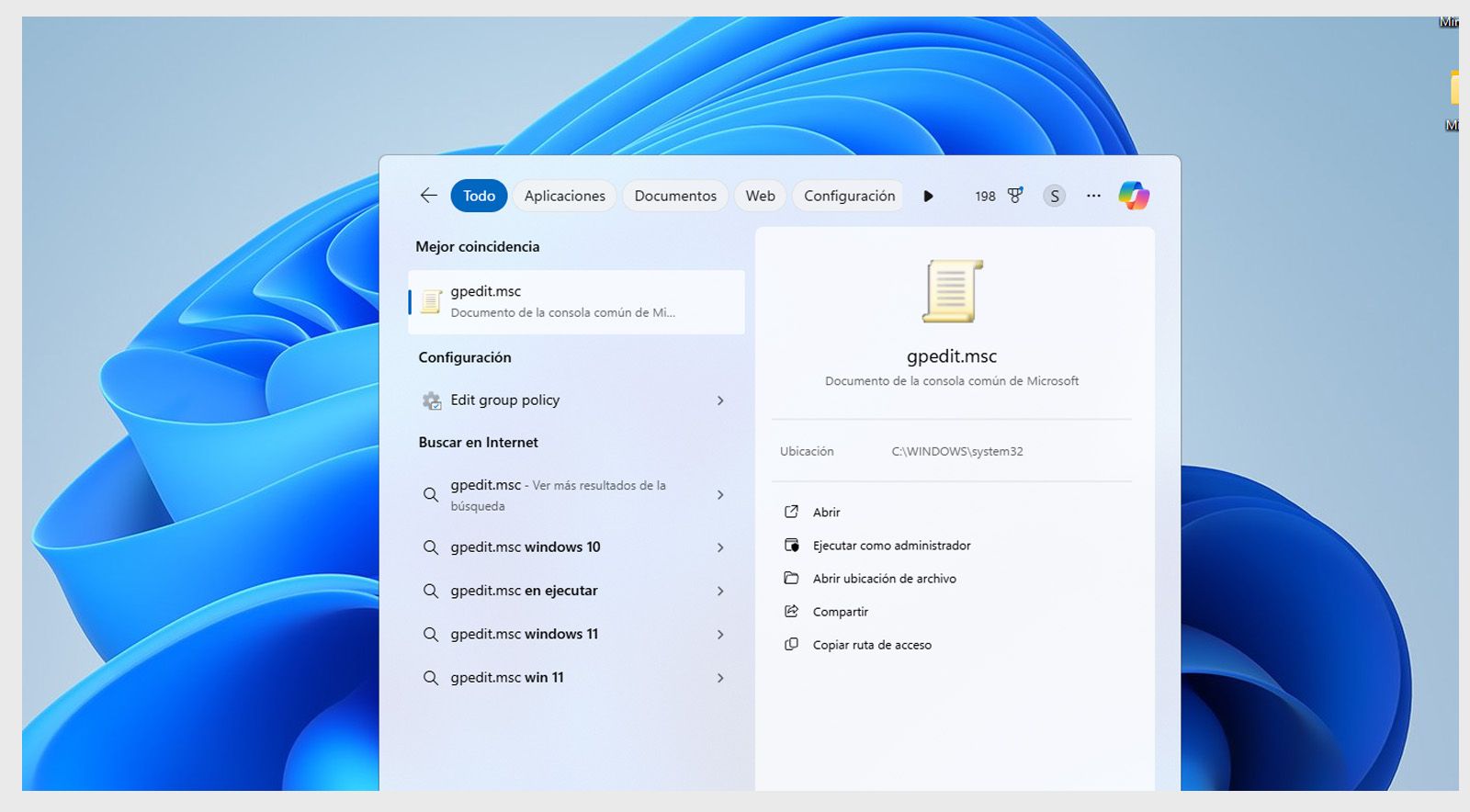 La barra de búsqueda de Windows muestra el Editor de directivas de grupo o el archivo gpedit.msc.