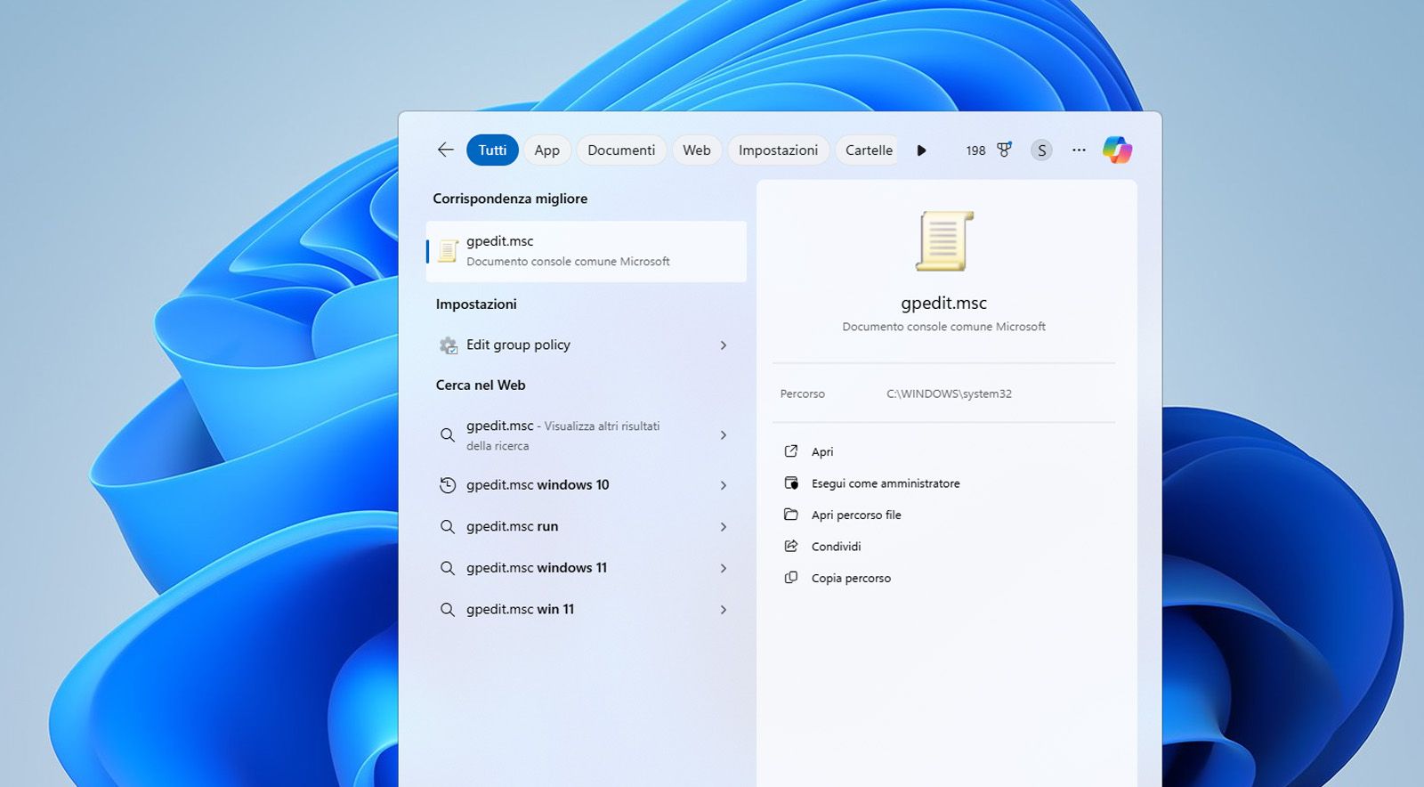 La barra di ricerca di Windows mostra l'Editor dei criteri di gruppo o il file gpedit.msc.