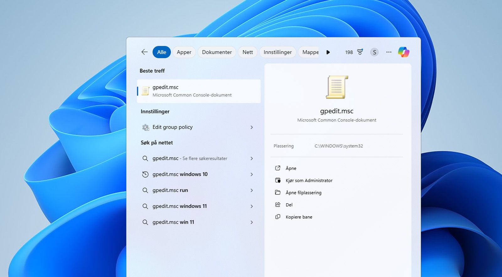 Windows-søkefeltet viser Gruppepolicy-editoren eller gpedit.msc-filen.