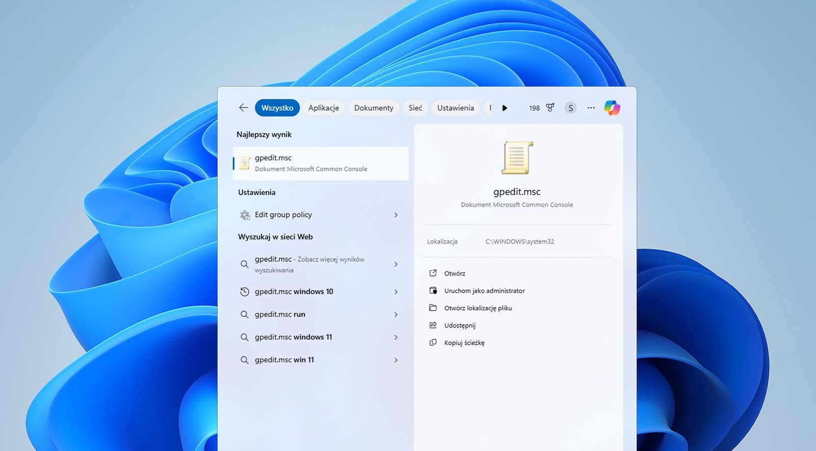 Pasek wyszukiwania systemu Windows wyświetla Edytor zasad grupy lub plik gpedit.msc.