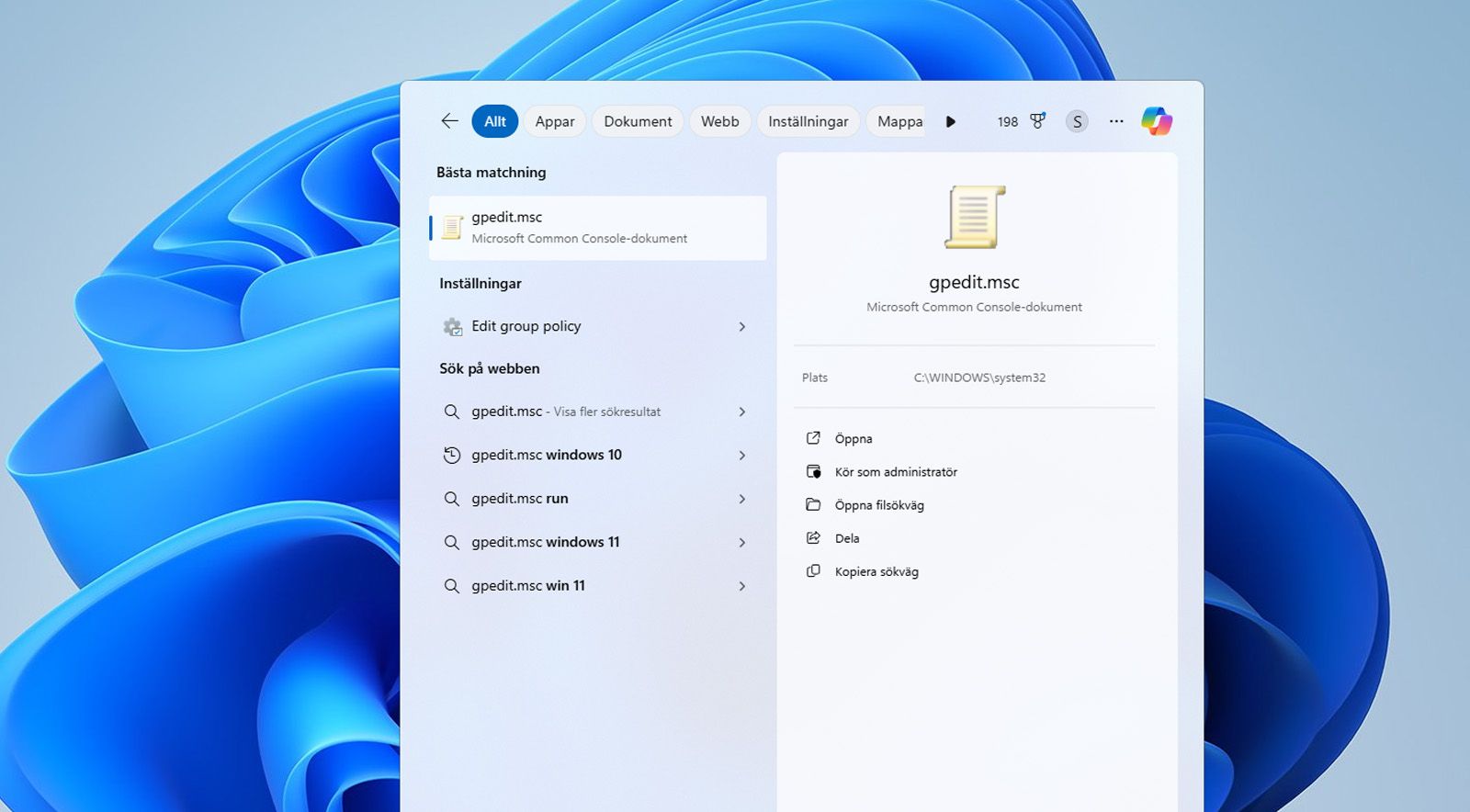 Windows-sökfältet visar Gruppredigeraren eller gpedit.msc-filen.