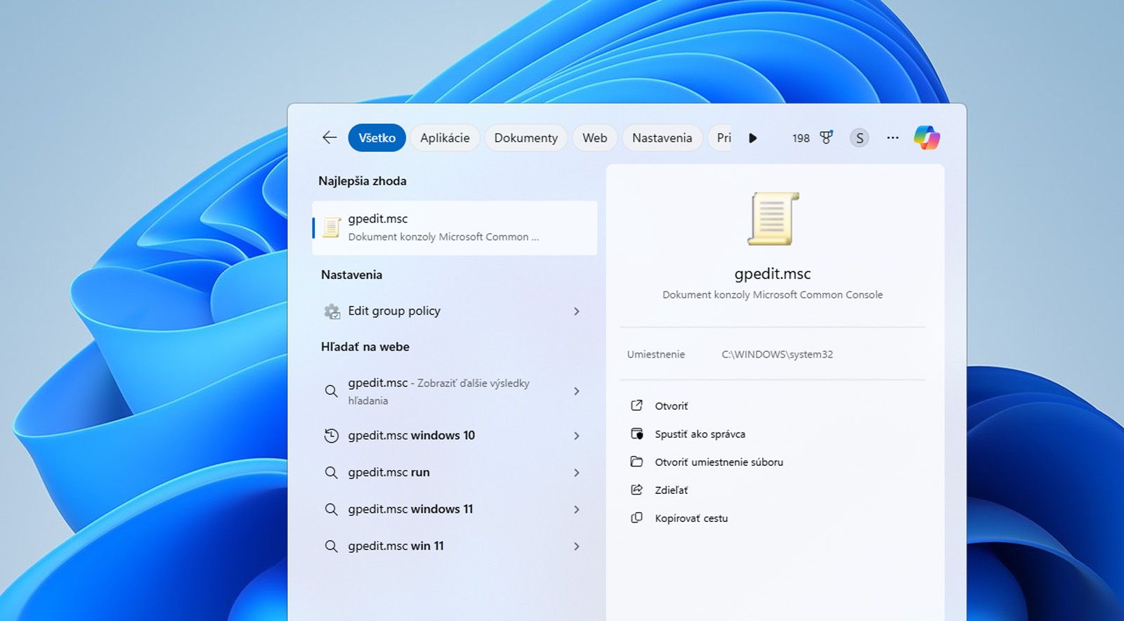 Vyhľadávací panel Windows zobrazuje Editor skupinových politík alebo súbor gpedit.msc.