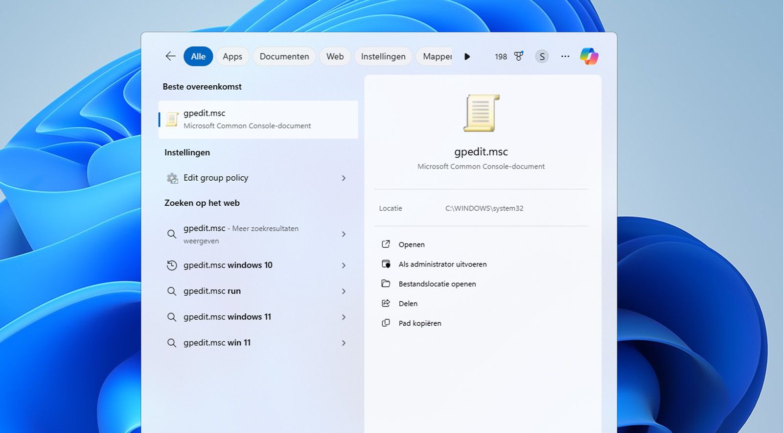 De Windows-zoekbalk toont de Groepsbeleid-editor of het gpedit.msc-bestand.