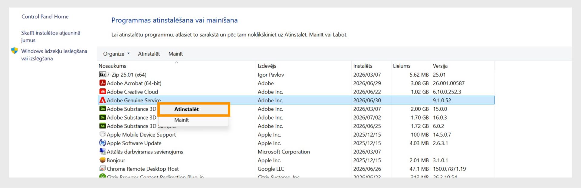 Windows vadības panelis ar izcelto opciju Atinstalēt konteksta izvēlnē.